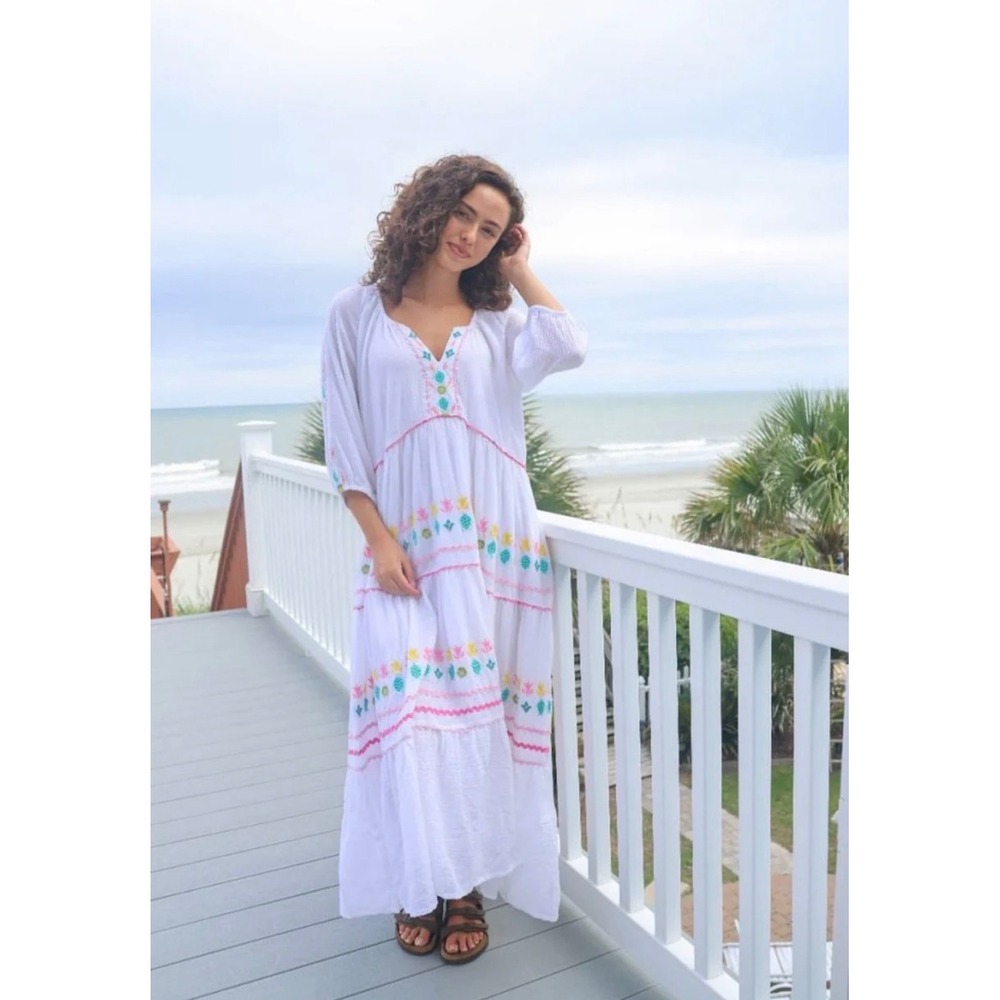 Simply Southern White Cotton Gauze Embroidered Sea Turtle Tiered Maxi Dress M